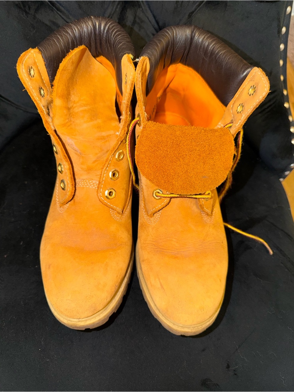 Timberland Orange Suede Work Boots with Dark Brown Collar